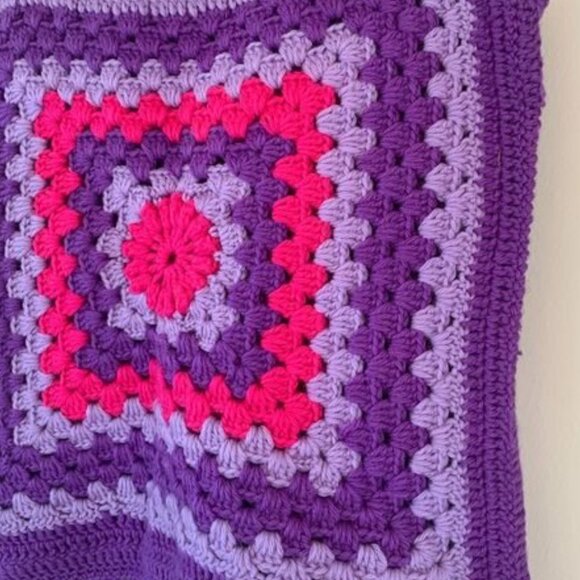 Vintage 70s Crochet Granny Square Purple Knit Top Maximalist bright vest medium - Picture 2 of 2